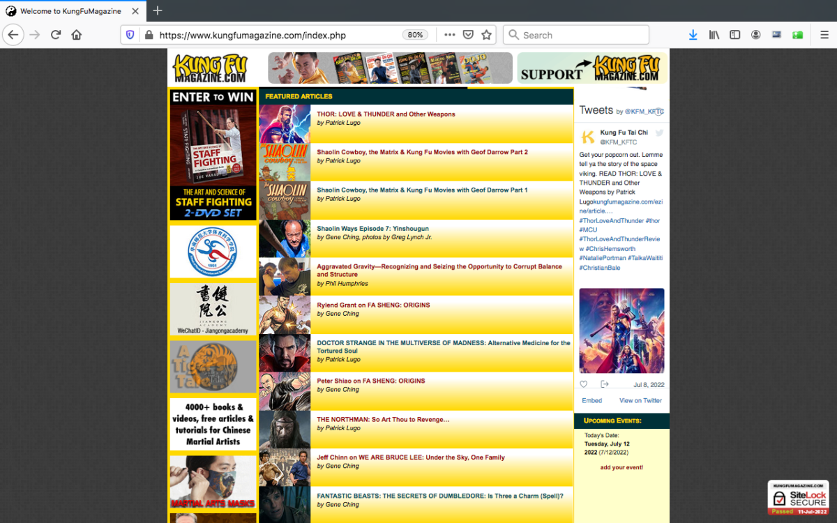 Screen capture of the homepage of KungFuMagazine.com where my byline appears multiple times.